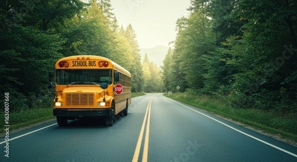 Obraz Yellow school bus on a road through a forest