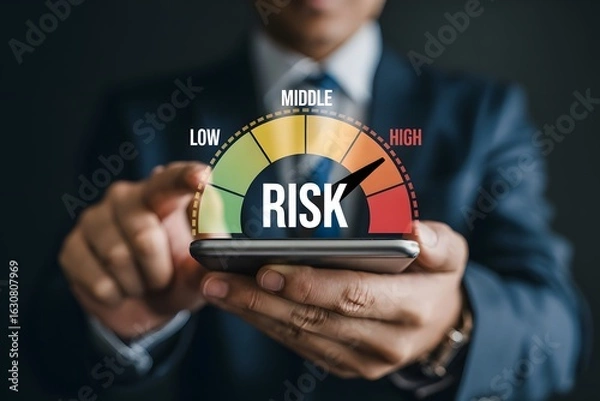 Obraz Businessman analyzes financial risk on a digital gauge displayed on a smartphone screen