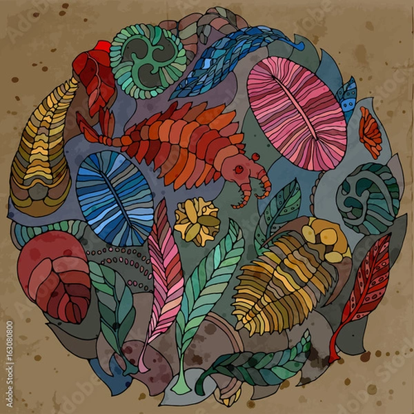 Obraz Fauna of Neoproterozoic and Paleozoic Era. Bright illustration on white background. Anomalocaris, Vendia, Dickinsonia, Charnita, Trilobita. Circle pattern.