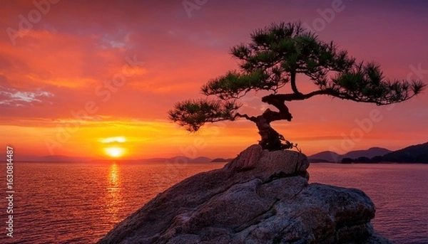 Fototapeta bonsai tree on rock red sunset