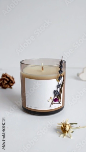 Obraz Beige Candle in Glass Jar Decorated with Dried Lavender on White Surface