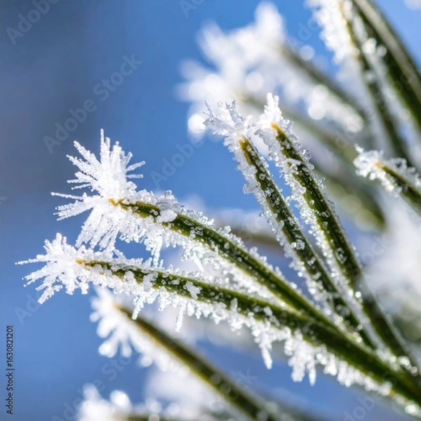 Fototapeta Close Up of Frost Covered Evergreen Branch with Needle Detail Against Soft Blue Sky