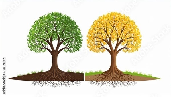 Obraz Two Trees Showing Seasonal Change From Green Foliage To Yellow Leaves on a White Background