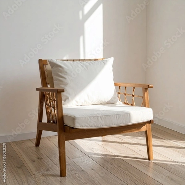 Obraz Comfortable Wooden Armchair with White Cushions in Sunlit Room with Minimalist Design