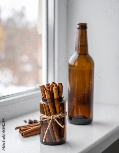 Obraz Cinnamon Sticks in Brown Jar next to Bottle against Window with Soft Lighting