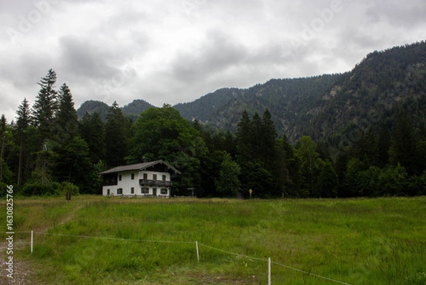 Obraz White country house surrounded by green meadows and dense forest at the foot of misty mountains. Peaceful rural scene under cloudy sky.