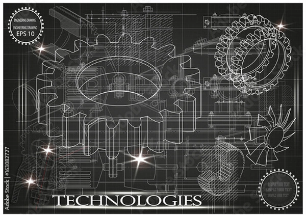 Obraz Machine-building drawings on a black background, wheels.