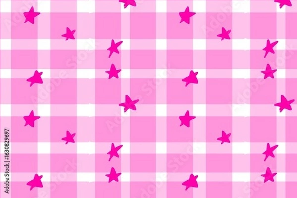 Fototapeta Pink Gingham Pattern with Stars. Decorative Patterns for Fabric and Design. 
