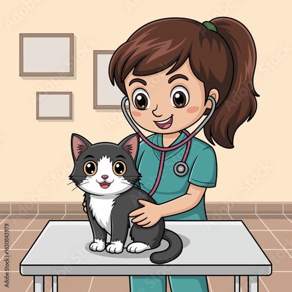 Fototapeta Cute veterinarian examining a cat in clinic, cartoon style