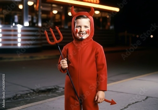 Obraz A young boy dressed in a red devil costume stands on the street ready for trick or treating on halloween night