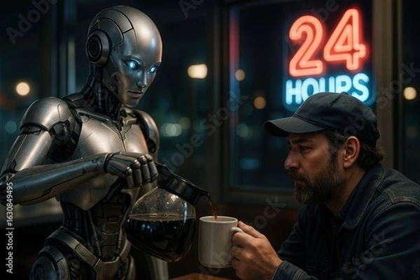 Fototapeta Robot Interacting with Man in 24-Hour Diner at Night-Time