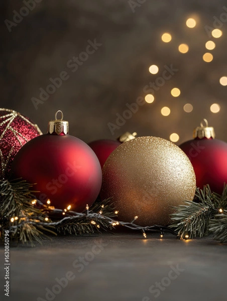Fototapeta Christmas tree decorated with shiny gold and red baubles on a festive red background