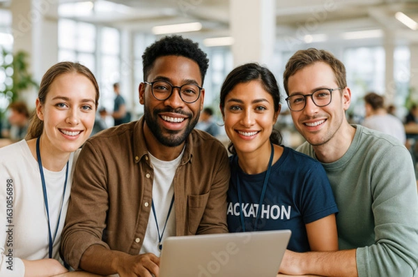 Fototapeta Hackathon Diversity Interracial Group of Four Smiling Young Adults at Event Collaborating on Laptop in Modern Office Setting