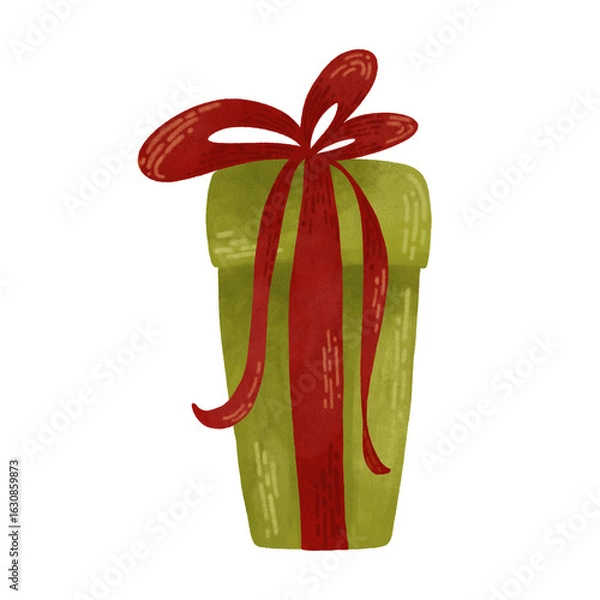 Fototapeta Gift box, festive watercolor illustration in green autumn colors. Design element for printing, children's prints, and decorations. Highlighted