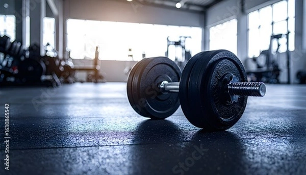 Fototapeta A single dumbbell resting on a gym floor, with a blurred background of a fitness center bathed in warm, sunlit atmosphere.