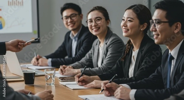 Fototapeta Group of engaged Asian business professionals smiling during a collaborative training session in a modern conference room