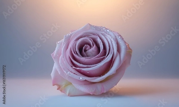 Fototapeta Close-up of a pink rose with water droplets on a soft gradient background