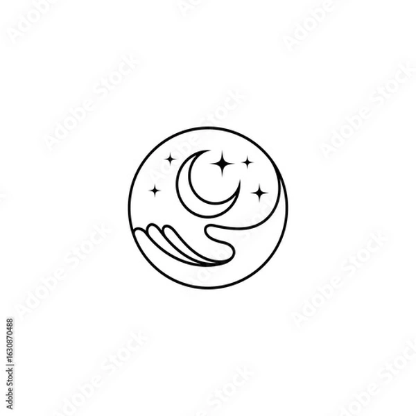 Fototapeta hand and crescent moon logo in circle frame with line art design style