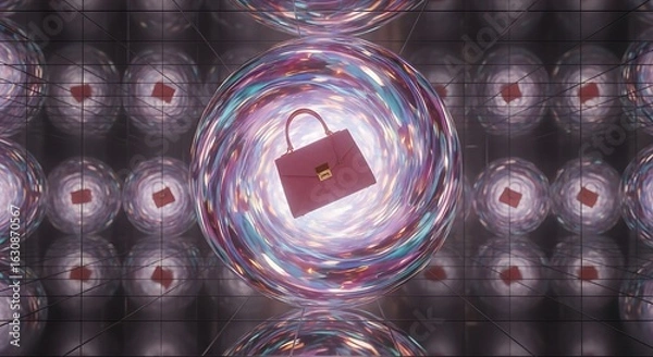 Fototapeta Mystical Handbag Display: A vibrant and ethereal scene unfolds as a luxurious handbag levitates within a glowing orb. This image is imbued with an atmosphere of opulence and fascination.