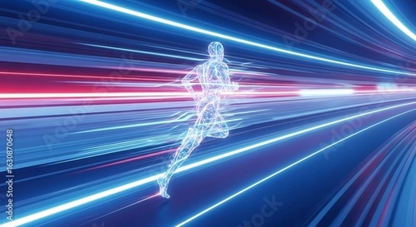 Fototapeta Speed of Light: A digital silhouette of a running person traverses through a tunnel of speed, streaks of light creating an impression of intense motion and advancement.