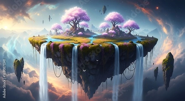 Fototapeta Fantasy Island: A whimsical depiction of a floating island, adorned with vibrant trees, cascading waterfalls, and a mesmerizing sky, a place where imagination takes flight.