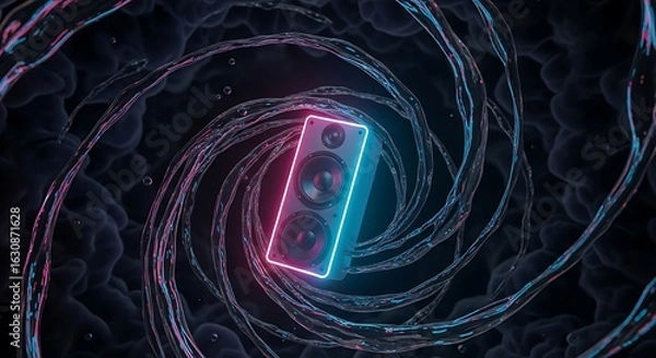 Fototapeta Electrifying Soundscape: A captivating neon-lit speaker spirals through a vibrant abstract vortex, symbolizing the dynamic energy of sound.