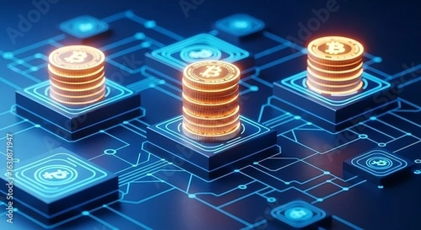 Fototapeta Bitcoin Stacks on Digital Circuitry: A visual representation of cryptocurrency's core, bitcoin coins meticulously stacked, resting upon intricate circuit boards.