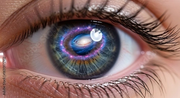 Fototapeta Cosmic Gaze: The captivating beauty of an eye reflecting the expanse of the cosmos, its intricate details mirroring the vastness of space, creates a sense of wonder.