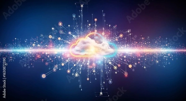 Fototapeta Digital Cloud Innovation: A vibrant representation of cloud computing technology, with glowing lines connecting to a central cloud icon, symbolizing interconnected data and modern advancements.