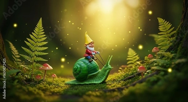 Fototapeta Enchanted Garden Gnome's Journey: A whimsical illustration of a gnome riding a snail through a magical forest, bathed in soft light, capturing the charm of fairy tale and the beauty of nature.