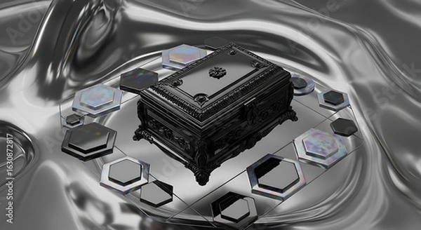 Fototapeta Mysterious Black Box: Intricate ornate box is centered in an immersive and highly reflective futuristic silver environment, where mystery and allure converge.