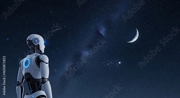 Fototapeta A.I. Contemplation under the Night Sky: A lone android observes a celestial vista of the crescent moon, stars, and nebulas, sparking contemplation.
