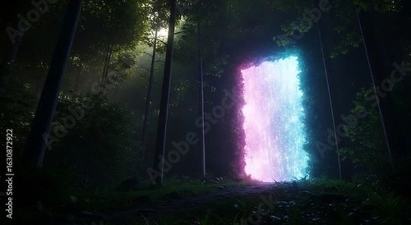 Fototapeta Mystical Portal in Forest: An ethereal, neon-lit gateway shimmers amidst the shadowy depths of a lush forest, creating an atmosphere of otherworldly wonder and mystery.
