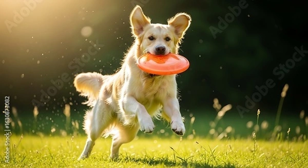 Fototapeta Playful Canine: A golden retriever leaps with joy across a lush green field, its eyes gleaming as it clutches a bright orange frisbee, a testament to carefree fun.