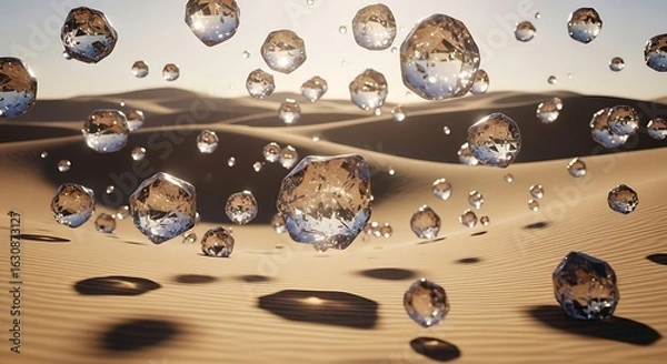 Fototapeta Water Drops Mirage: An otherworldly desert landscape with shimmering water droplets suspended in mid-air, showcasing a surreal and evocative blend of nature's elements.