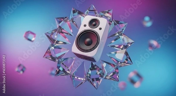 Fototapeta Audio Gem: A sleek audio speaker, set amidst sparkling gemstones, against a vibrant and luminous background. showcasing the intersection of technology and luxury.