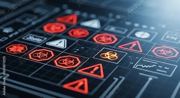 Fototapeta Digital Alerts on Panel: A close-up view of a technological panel, with numerous illuminated warning symbols and signs flashing in a vibrant red hue.