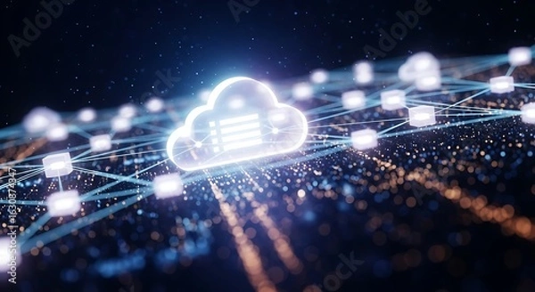 Fototapeta Cloud Computing Innovation: A digital rendering illustrates the dynamic cloud, symbolizing the cutting-edge evolution of information technology, enhanced by a network of interconnected nodes.