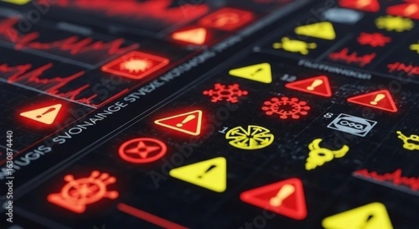 Fototapeta Warning Indicators and Alerts: A close-up shot of a technological interface lit up with a variety of caution signs and alerts, displaying complex data visualization in shades of red, yellow.