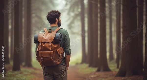 Fototapeta Solo Explorer in Serene Wilderness: A lone adventurer, equipped with a rustic backpack, embarks on a tranquil journey through a misty, ancient forest. Evoking a sense of solitude, exploration.