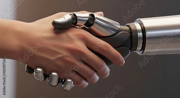Fototapeta The Merger: Human hand shakes hands with robot, symbolizing a future alliance. 