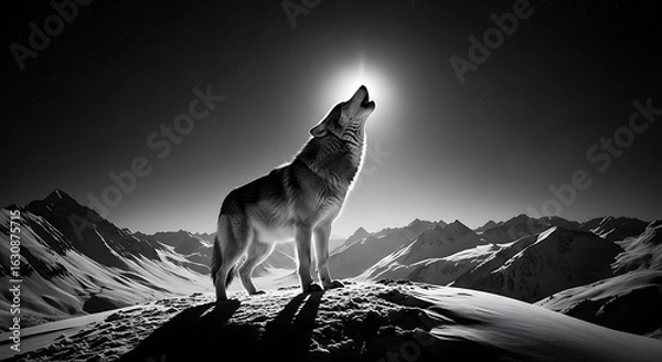 Fototapeta Lone Wolf's Howl to the Moon: A majestic wolf howls towards the moon, a symbol of wilderness and freedom, its cry echoing through the silent, snowy peaks.