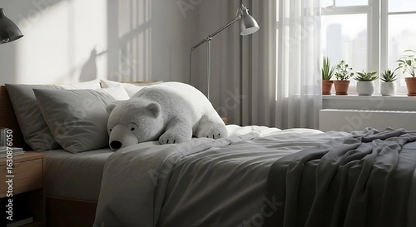 Fototapeta Cozy Comfort: A realistic polar bear plush rests peacefully on a neatly made bed. The serene setting is bathed in soft light filtering through a nearby window, evoking a sense of tranquility. 