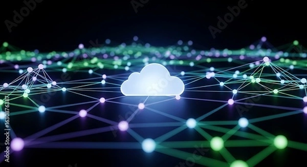 Fototapeta Digital Cloud Network: An ethereal representation of a digital cloud at the heart of a vast network, connected by an intricate web of glowing nodes and lines, set against a deep, dark background.