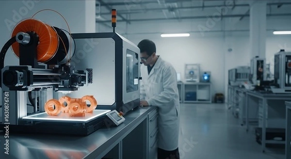 Fototapeta Technological Precision: A scientist meticulously monitors an advanced 3D printer, a symbol of innovation and industrial progress in a modern lab.