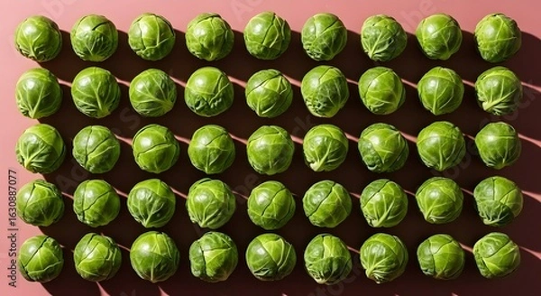 Fototapeta Fresh Brussels sprouts arranged in neat rows on a pink background with dramatic shadows