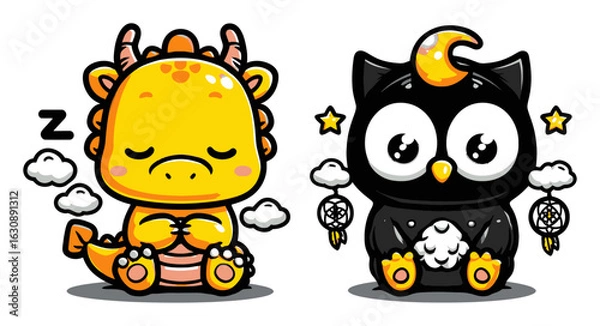 Fototapeta Cute Cartoon Dragon and Owl Characters in Dreamy Sleepy Pose