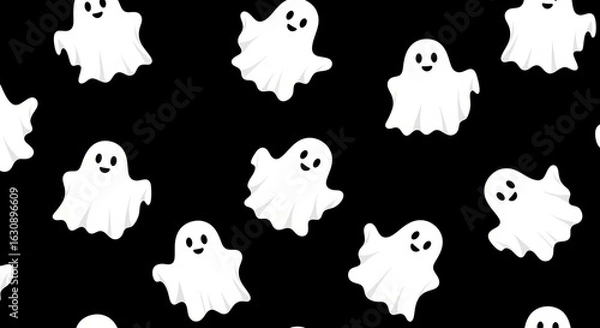 Fototapeta Photo of seamless halloween pattern with cute white ghosts on a black background perfect for festive decorations and spooky designs