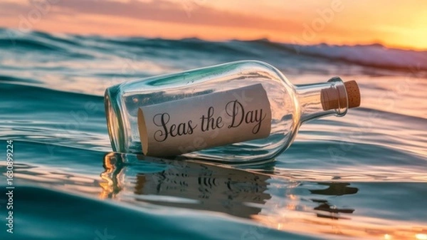Fototapeta Message in bottle drifting on ocean waves, warm sunset colors in sky