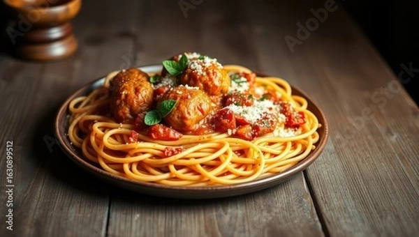 Fototapeta Spaghetti and meatballs on a rustic wooden table. Photorealistic and inviting